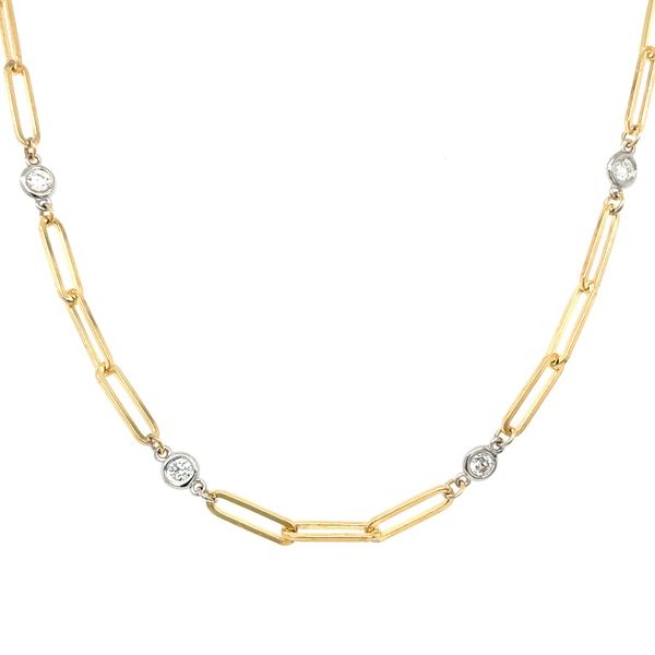 14KY Gold Paper Clip Necklace with 12 Diamond Stations - 17.5