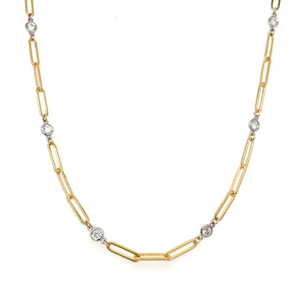 14KY Gold Paper Clip Necklace with 12 Diamond Stations - 17.5