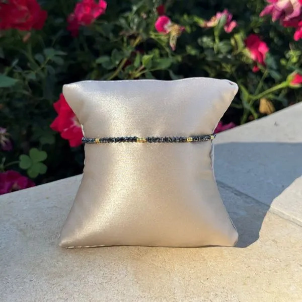18KY Gold Black Diamond Facetted Bead & Gold Bead Bracelet - 7.25