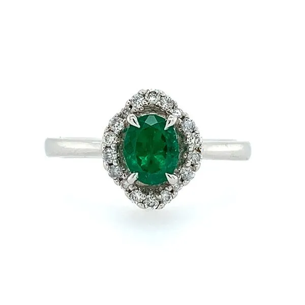 14KW Gold Scalloped Halo Green Emerald & Diamond Ring Franzetti Jewelers Austin, TX