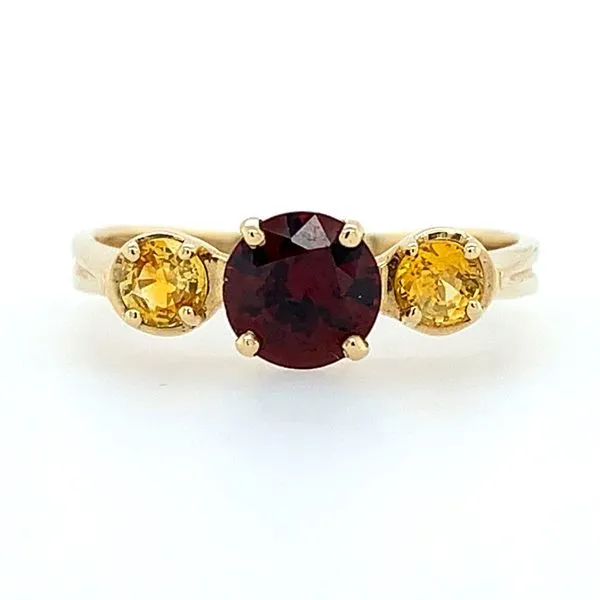 14KY Gold 3 Stone Ring with Round Rhodolite Garnet & Yellow Sapphires Franzetti Jewelers Austin, TX