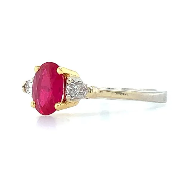 18K 3 Stone Ring with 1 Ct Oval Ruby & Pair of Diamonds Image 2 Franzetti Jewelers Austin, TX