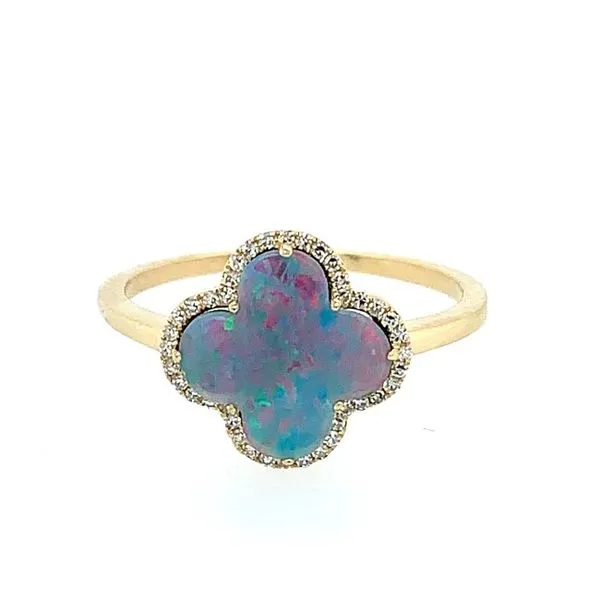 14KY Gold Clover Sahpe Black Opal Doublet Ring with Diamonds Image 2 Franzetti Jewelers Austin, TX