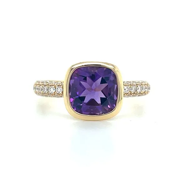 18KY Gold Cushion Amethyst Ring with Pavé Set Diamonds Franzetti Jewelers Austin, TX