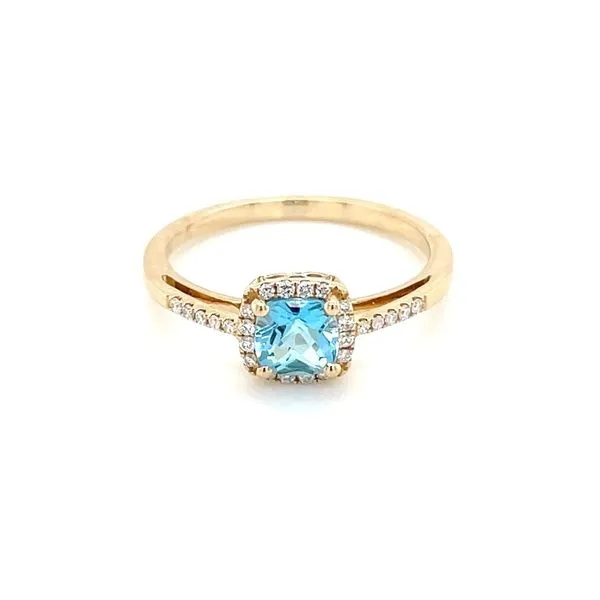 14KY Gold 5 mm Square Cushoin Blue Topaz Ring with Diamonds Image 4 Franzetti Jewelers Austin, TX