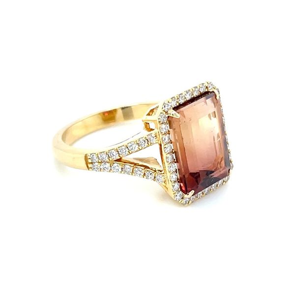 18KY Gold Emerald Cut Bicolor Tourmaline Ring with Diamonds Image 3 Franzetti Jewelers Austin, TX