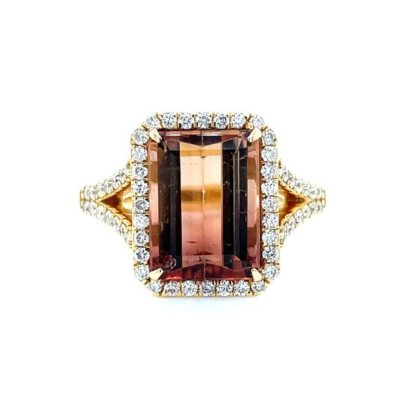 18KY Gold Emerald Cut Bicolor Tourmaline Ring with Diamonds Franzetti Jewelers Austin, TX