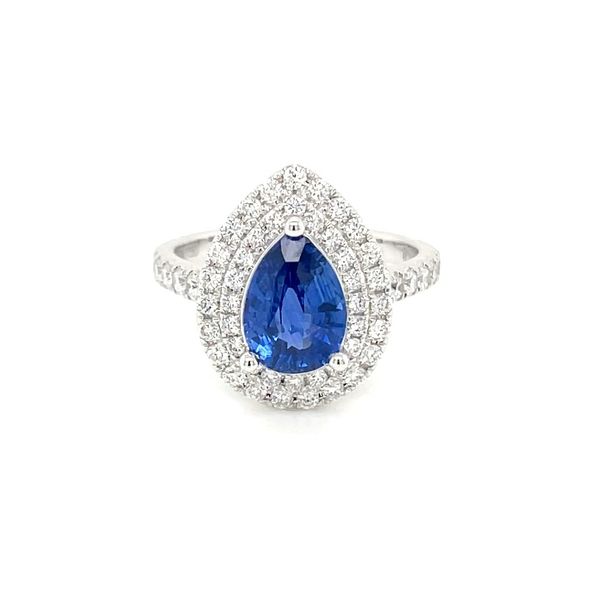 18KW Gold Pear Blue Sapphire Ring with Double Halo of Diamonds Image 3 Franzetti Jewelers Austin, TX