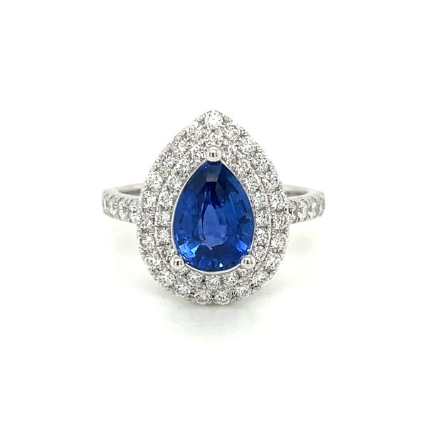 18KW Gold Pear Blue Sapphire Ring with Double Halo of Diamonds Franzetti Jewelers Austin, TX