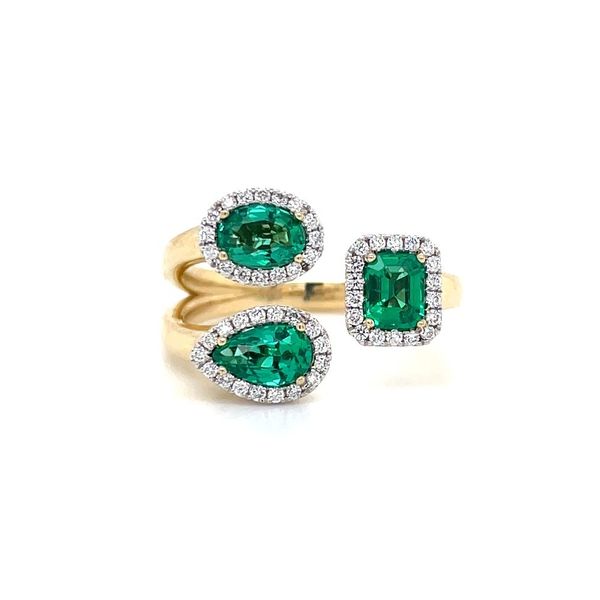 14K Y&W Gold 3 Green Emerald Open Ring with Diamonds Image 3 Franzetti Jewelers Austin, TX