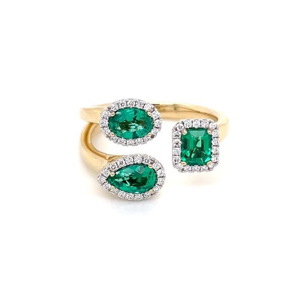 14K Y&W Gold 3 Green Emerald Open Ring with Diamonds Franzetti Jewelers Austin, TX