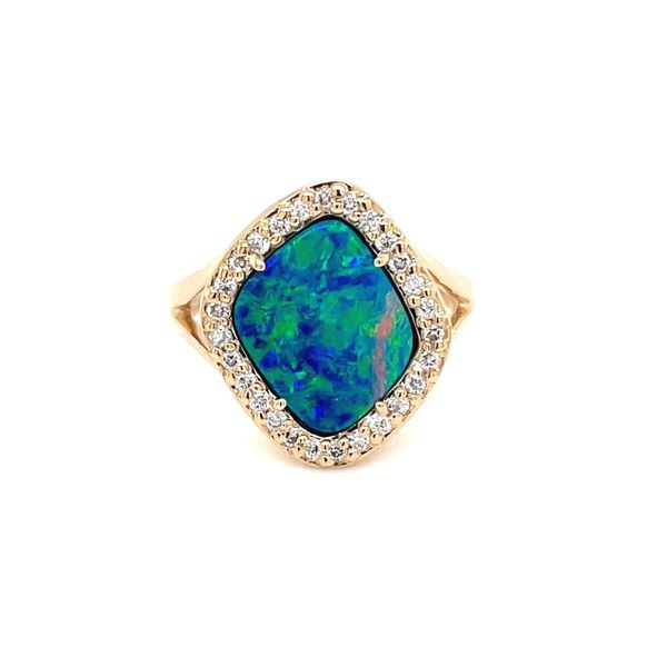 14KY Gold Cushion Opal Ring with Diamonds Franzetti Jewelers Austin, TX