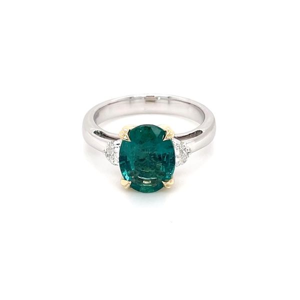 Platium &14KY Gold 3 Stone Ring with Oval Emerald & Half Moon Diamonds Image 3 Franzetti Jewelers Austin, TX