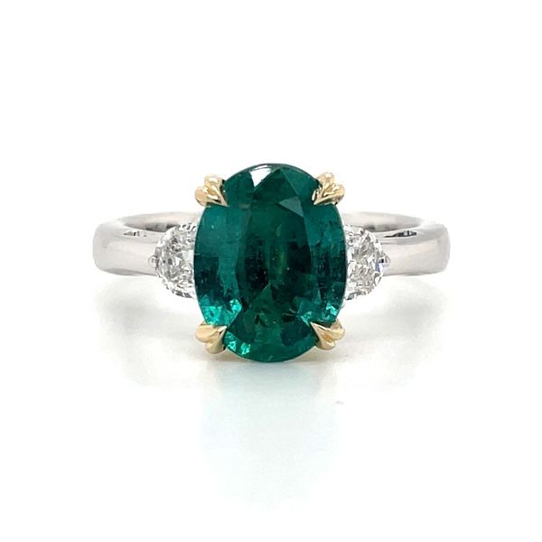 Platium &14KY Gold 3 Stone Ring with Oval Emerald & Half Moon Diamonds Franzetti Jewelers Austin, TX
