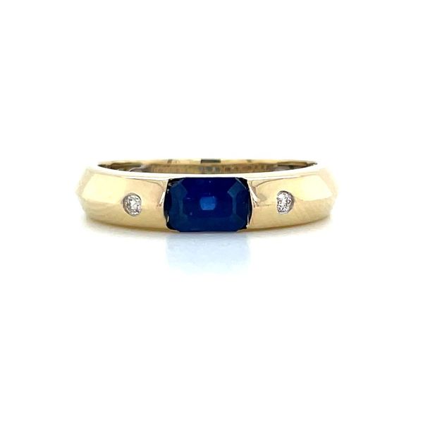 14KY Gold East West Emerald Cut Blue Sapphire Ring with 2 Diamonds Franzetti Jewelers Austin, TX