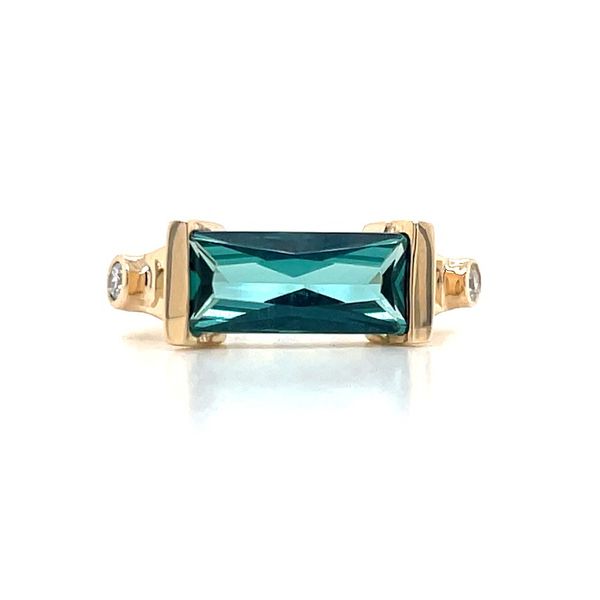 14KY Gold East West Radiant Caribbean Blue Quartz Ring with 2 Diamonds Franzetti Jewelers Austin, TX