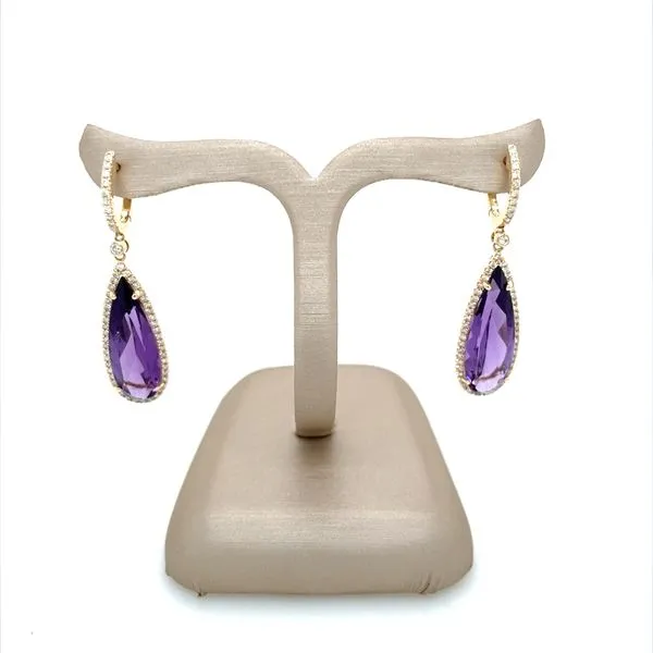 14KY Long Pear Shape Amethyst Dangle Earrings with Diamonds Image 3 Franzetti Jewelers Austin, TX