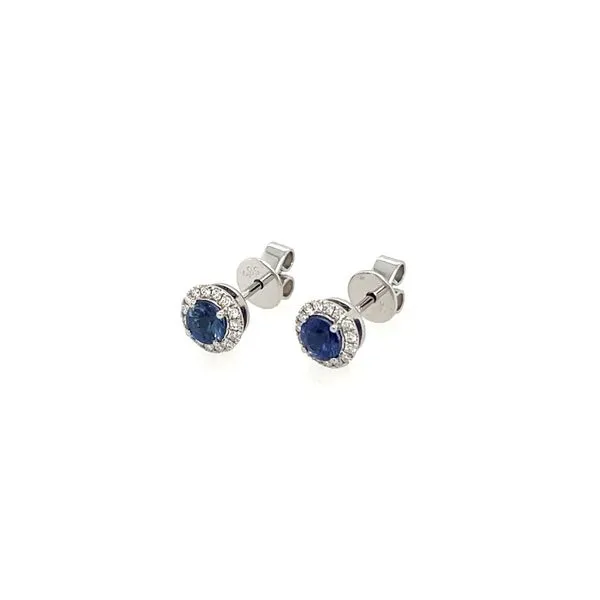 14KW Gold Blue Sapphire & Diamond Halo Stud Earrings Image 2 Franzetti Jewelers Austin, TX
