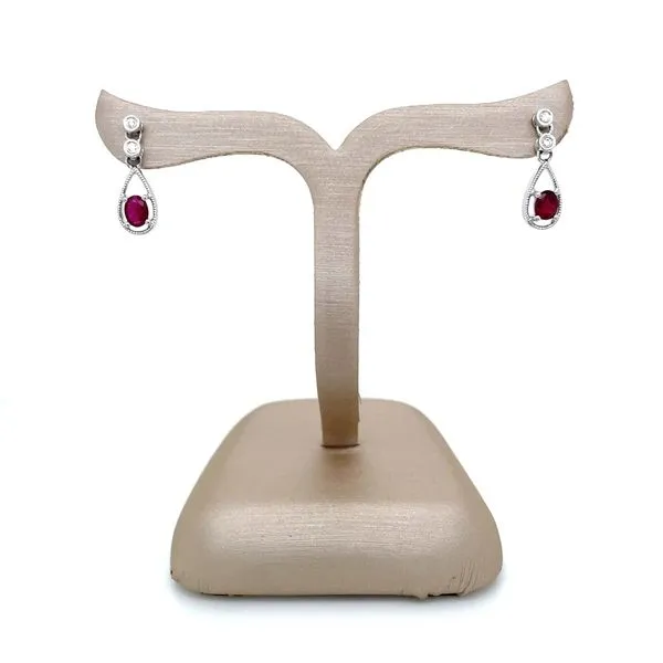 14KW Gold Oval Ruby with Accent Diamonds Dangle Earrings Image 4 Franzetti Jewelers Austin, TX