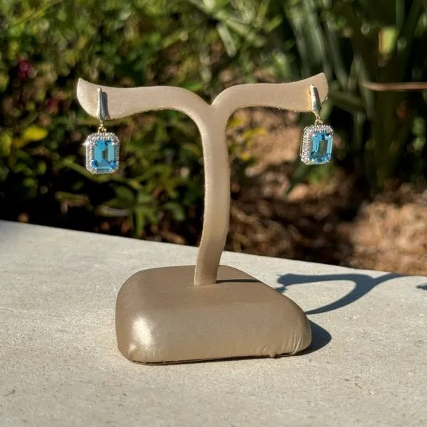 14KY Emerald Cut Blue Topaz Dangle Earrings with Diamonds Image 2 Franzetti Jewelers Austin, TX