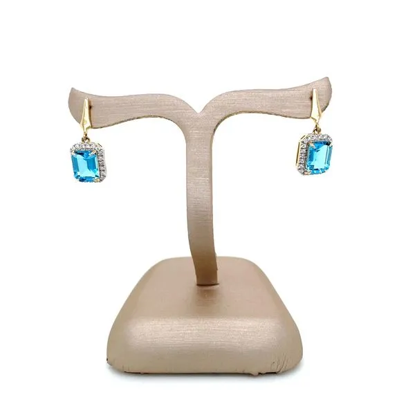 14KY Emerald Cut Blue Topaz Dangle Earrings with Diamonds Image 4 Franzetti Jewelers Austin, TX
