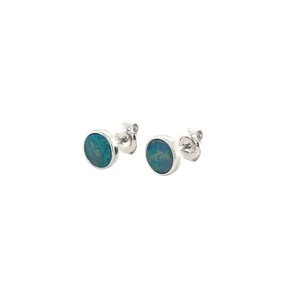 14K White Gold 6 mm Round Opal Doublet Stud Earrings Image 3 Franzetti Jewelers Austin, TX