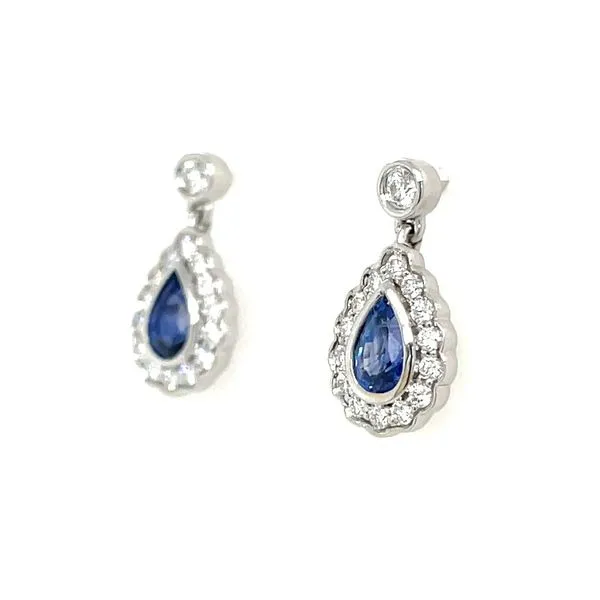18KW Gold Pear Blue Sapphire Drop Earrings with Accent Diamonds Image 3 Franzetti Jewelers Austin, TX