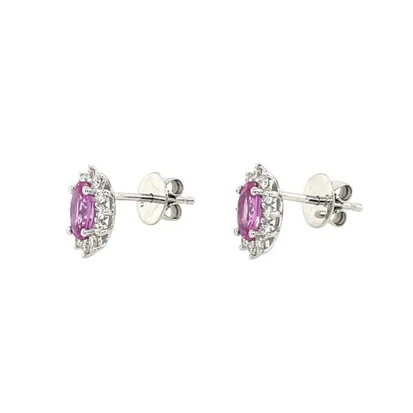 18KW Gold Oval Pink Sapphire Diamond Halo Stud Earrings Image 3 Franzetti Jewelers Austin, TX