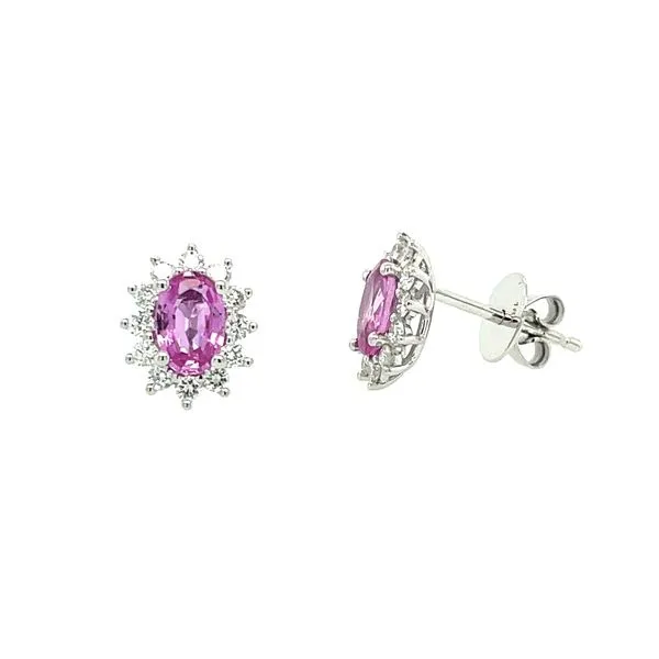 18KW Gold Oval Pink Sapphire Diamond Halo Stud Earrings Franzetti Jewelers Austin, TX