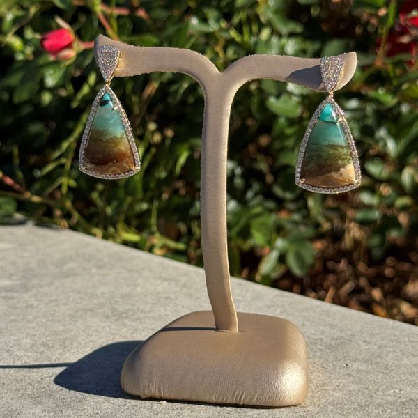 18KY Gold Opalized Petrified Wood Dangle Earrings with Pavé Diamonds Image 2 Franzetti Jewelers Austin, TX