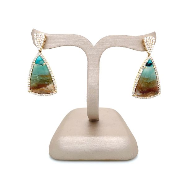 18KY Gold Opalized Petrified Wood Dangle Earrings with Pavé Diamonds Image 5 Franzetti Jewelers Austin, TX