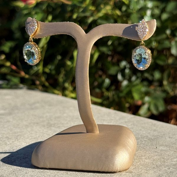 18KY Gold Oval Aqua Dangle Earrings with Pavé Diamonds Image 2 Franzetti Jewelers Austin, TX