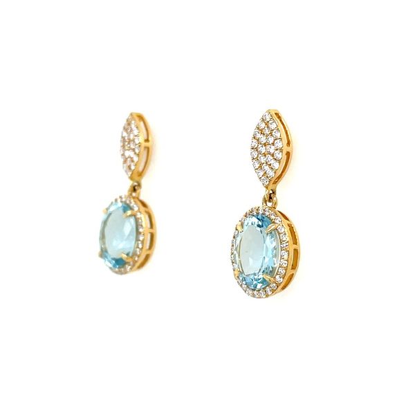 18KY Gold Oval Aqua Dangle Earrings with Pavé Diamonds Image 4 Franzetti Jewelers Austin, TX