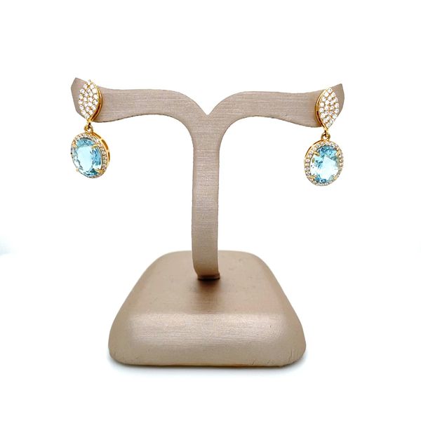 18KY Gold Oval Aqua Dangle Earrings with Pavé Diamonds Image 5 Franzetti Jewelers Austin, TX