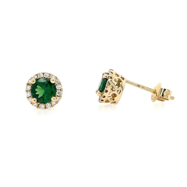 14KY Gold 5 mm Round Tsavorite Green Garnet & Diamond Halo Stud Earrings Franzetti Jewelers Austin, TX