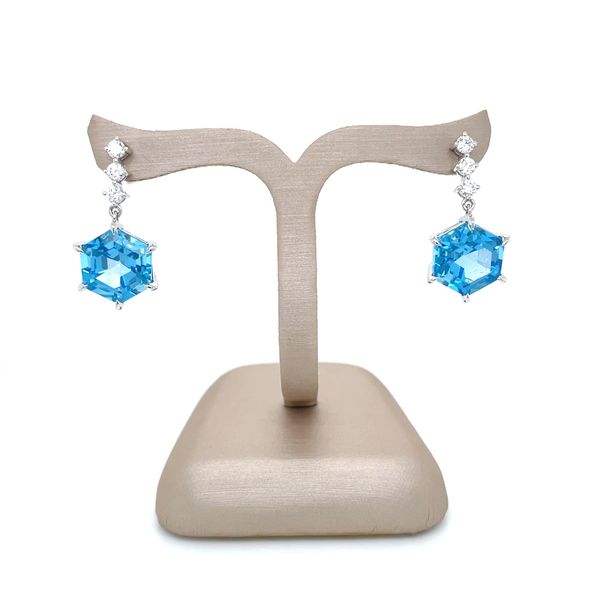 18KW Gold Dangle Earrings with Blue Topaz & Diamonds Image 4 Franzetti Jewelers Austin, TX