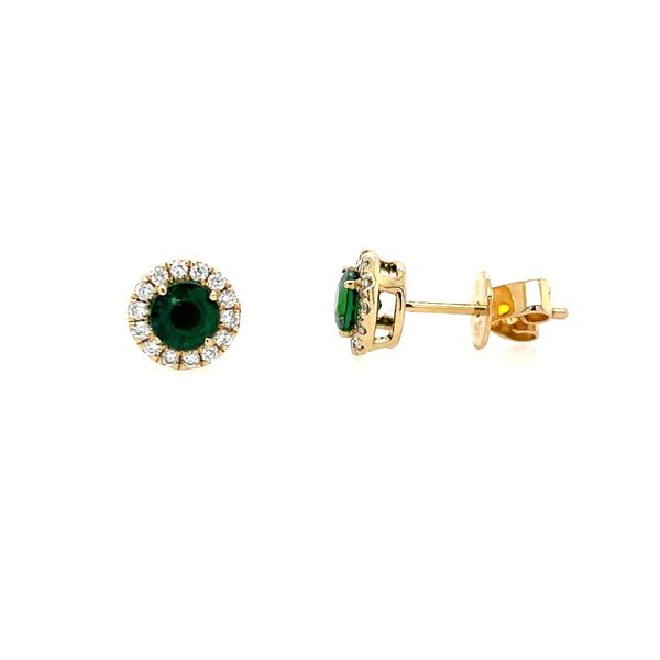 14KY Gold 4.2 mm Round Tsavorite Green Garnet with Diamond Halo Stud Earrings Franzetti Jewelers Austin, TX