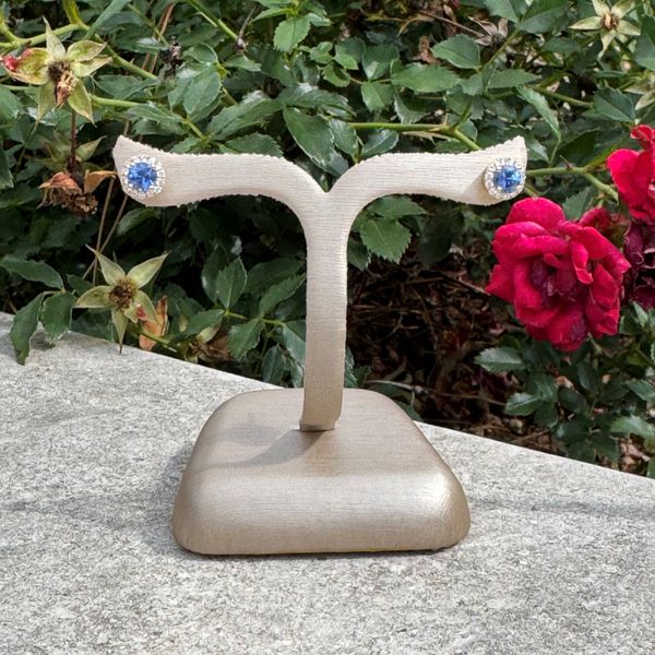 14KY Gold 4.3 mm Light Blue Sapphires with Diamond Halo Stud Earrings Image 3 Franzetti Jewelers Austin, TX