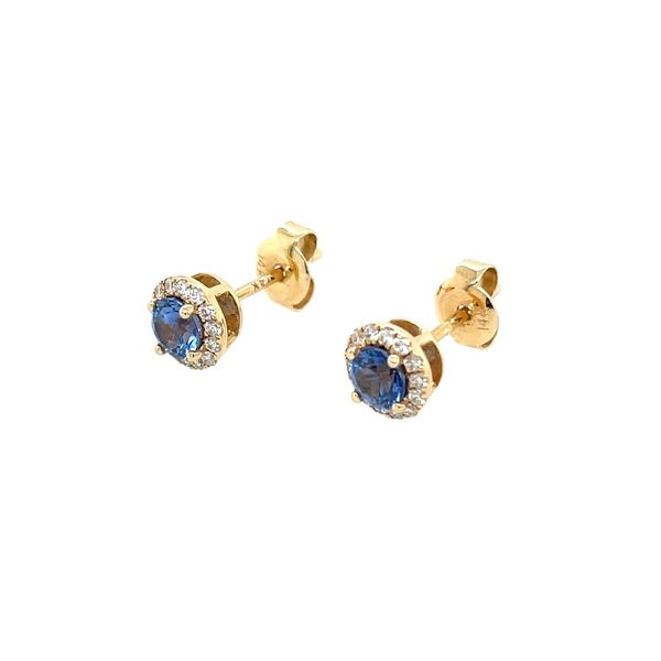 14KY Gold 4.3 mm Light Blue Sapphires with Diamond Halo Stud Earrings Image 4 Franzetti Jewelers Austin, TX