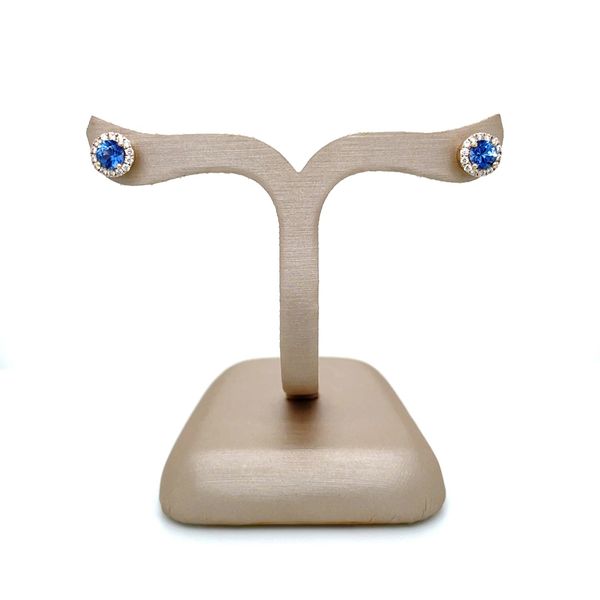 14KY Gold 4.3 mm Light Blue Sapphires with Diamond Halo Stud Earrings Image 5 Franzetti Jewelers Austin, TX
