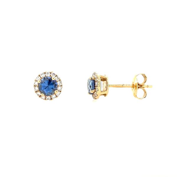 14KY Gold 4.3 mm Light Blue Sapphires with Diamond Halo Stud Earrings Franzetti Jewelers Austin, TX