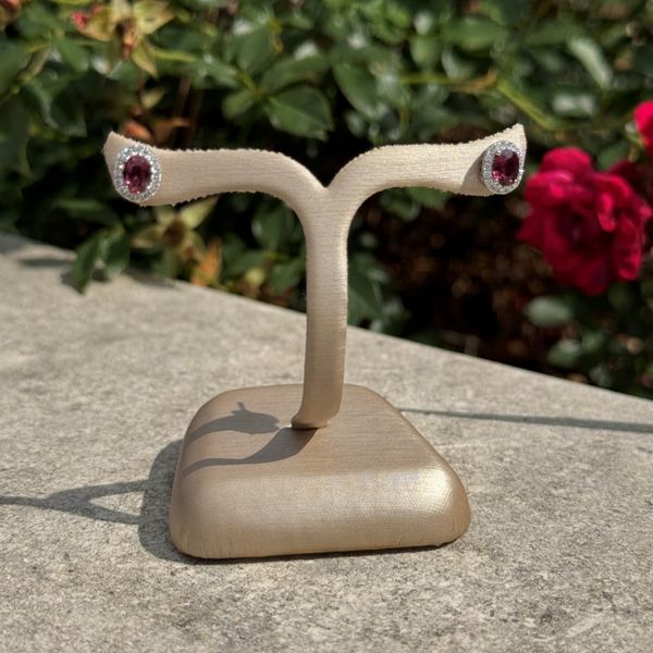 14KW Gold 5.5 x 4 mm Oval Rubies with Diamond Halo Stud Earrings Image 3 Franzetti Jewelers Austin, TX