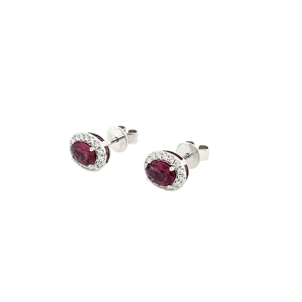 14KW Gold 5.5 x 4 mm Oval Rubies with Diamond Halo Stud Earrings Image 4 Franzetti Jewelers Austin, TX