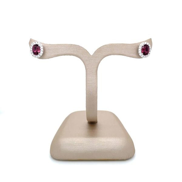 14KW Gold 5.5 x 4 mm Oval Rubies with Diamond Halo Stud Earrings Image 5 Franzetti Jewelers Austin, TX