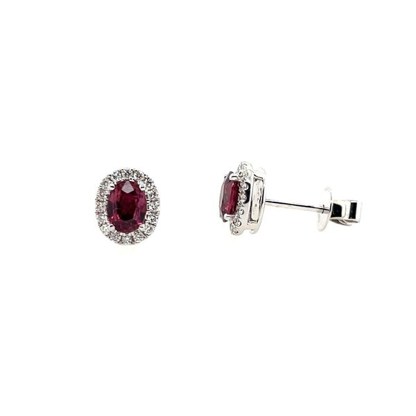 14KW Gold 5.5 x 4 mm Oval Rubies with Diamond Halo Stud Earrings Franzetti Jewelers Austin, TX