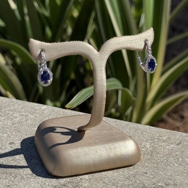 18KW Gold Oval Blue Sapphire Drop Earrings with Accent Diamonds Image 3 Franzetti Jewelers Austin, TX
