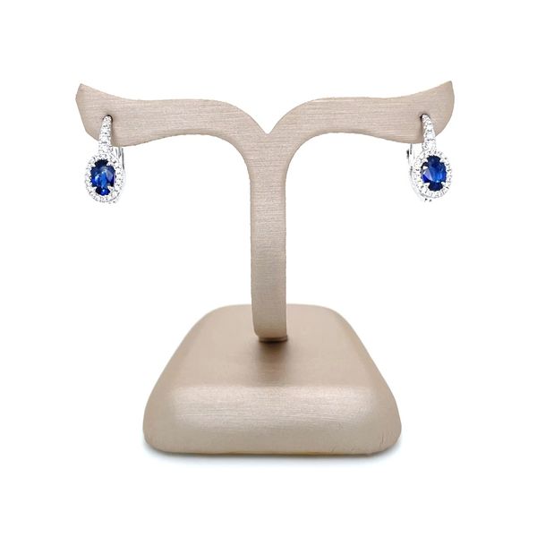 18KW Gold Oval Blue Sapphire Drop Earrings with Accent Diamonds Image 5 Franzetti Jewelers Austin, TX