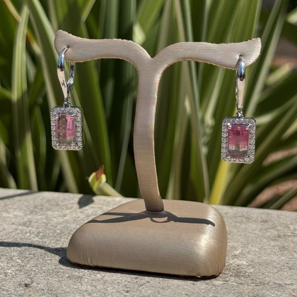 14KW Gold Watermelone Tourmaline Dangle Earrings with Diamonds Image 2 Franzetti Jewelers Austin, TX