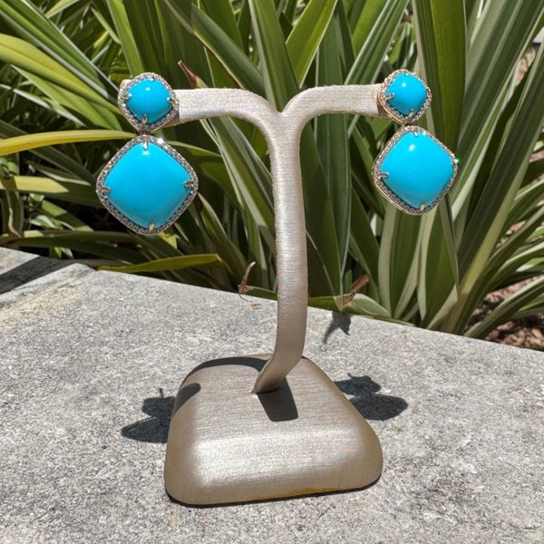 18KY Gold Cushion Sleeping Beauty Turquoise Dangle Earrings with Diamonds Image 2 Franzetti Jewelers Austin, TX