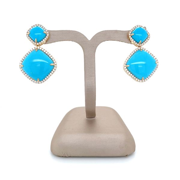 18KY Gold Cushion Sleeping Beauty Turquoise Dangle Earrings with Diamonds Image 4 Franzetti Jewelers Austin, TX